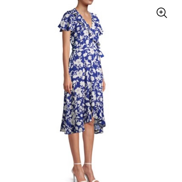 Time and Tru Dresses Womens Ruffle Midi Wrap Dress White Blue Floral